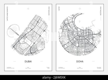 Reiseposter, Stadtplan Stadtplan Dubai und Doha, Vektorgrafik Stock Vektor