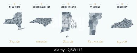 Vector Set 3 von 10 detailreichen Silhouetten von US-Staatskarten, unterteilt in Grafschaften mit Namen und Territorialnamen Stock Vektor