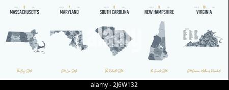 Vector Set 2 von 10 detailreichen Silhouetten von US-Staatskarten, unterteilt in Grafschaften mit Namen und Territorialnamen Stock Vektor