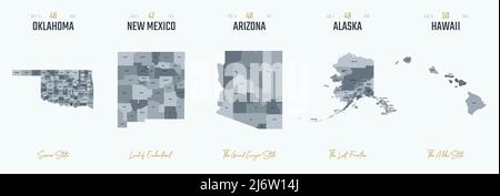 Vector Set 10 von 10 detailreichen Silhouetten von US-Staatskarten, unterteilt in Grafschaften mit Namen und Territorialnamen Stock Vektor