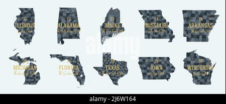 Set 3 of 5 Division United States in Counties, politische und geographische Unterteilungen eines Bundesstaates, hoch detaillierte Vektorkarten mit Namen und Territo Stock Vektor