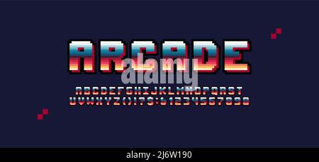 Retro-futuristische lateinische Arcade-Pixel-Schrift aus Videospielen, geometrische 8-Bit-Design-Buchstaben und -Zahlen, farbenfrohe pixelige Schrift Stock Vektor
