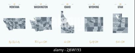 Vector Set 9 von 10 detailreichen Silhouetten von US-Staatskarten, unterteilt in Grafschaften mit Namen und Territorialnamen Stock Vektor