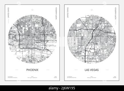 Reiseposter, Stadtplan Stadtplan Phoenix und Las Vegas, Vektorgrafik Stock Vektor