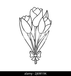 Ein Bouquet aus Tulpen mit Blättern und einer Schleife. Dekoratives Element zum Valentinstag. Ein einfaches Umrissdesign-Objekt wird von Hand gezeichnet und auf Whi isoliert Stock Vektor