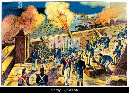 Historia de Catalunya. Bombardeo de la ciudad de Barcelona el 3 de diciembre de 1842, hecho producido durante la regencia del General Espartero durante el reinado de Isabel II. FuE ordenado por el Gobierno para acabar con una insurrección que se había iniciado el mes anterior y que había obligado al Ejército a refugiarse en el castillo de Montjuic. Cromo de Xacolata Juncosa. Año 1932. Autor: Albert Mestre Moragas. Stockfoto