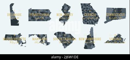 Set 1 of 5 Division United States in Counties, politische und geographische Unterteilungen eines Bundesstaates, hoch detaillierte Vektorkarten mit Namen und Territo Stock Vektor