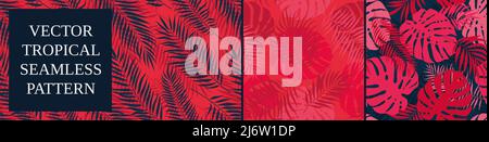 Satz von nahtlosen Mustern mit tropischen exotischen Blättern und Pflanzen, Vektor Botanik Zusammensetzung in rot-blauen Farben Stock Vektor