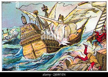 Historia de Catalunya. Armada Invencible, fracasada expedición militar Marítima proyectada por el monarca español Felix II (1527-1598) para destronar a Isabel i de Inglaterra (1533-1603) e invadir Inglaterra. El ataque tuvo lugar en el contexto de la guerra anglo-española en 1586. Cromo de Xacolata Juncosa. Año 1932. Autor: Albert Mestre Moragas. Stockfoto