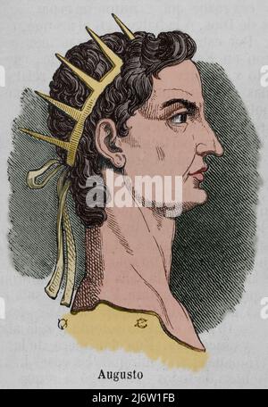 Augustus (61 v. Chr.-14 n. Chr.). Erster Kaiser des Römischen Reiches. Er regierte von 27 v. Chr. bis 14 n. Chr. Hochformat. Gravur. Spätere Färbung. Historia General de España von Pater Mariana. Madrid, 1852. Stockfoto