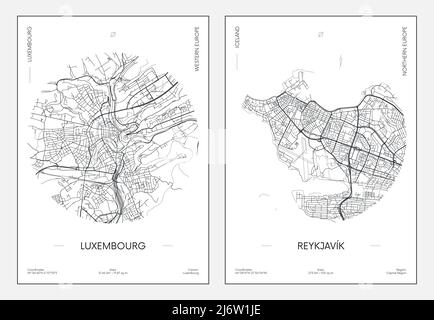 Reiseposter, Stadtplan Stadtplan Luxemburg und Reykjavik, Vektorgrafik Stock Vektor