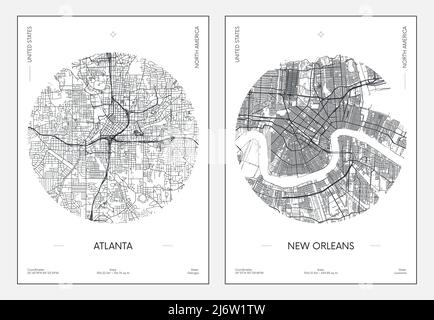 Reiseposter, Stadtplan Stadtplan Atlanta und New Orleans, Vektorgrafik Stock Vektor