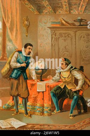 Der dänische Astronom Tycho Brahe (1546-1601) zusammen mit dem deutschen Astronomen Johannes Kepler (1571-1630). Kepler nahm Brahes Einladung zur Zusammenarbeit in Prag an. Tycho Brahe und Johannes Kepler in der Sternwarte in Prag. Chromolithographie. Historia Univesal, von César Cantú. Band VIII. Veröffentlicht in Barcelona, 1886. Stockfoto