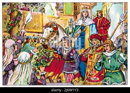 Historia de Catalunya. Llegada a Perpignan de Fernando II de Aragón (1452-1516) llamado el Católico e Isabel i de Castilla (1451-1504) tras la Firma del tratado de Barcelona con el rey Carlos VIII de Francia (1470-1498) en 1493, Mediante el cual la Corona de Aragón recuperó el Rosellón y la Cerdaña a cambio de su postura neutral ante un inminente ataque francés al reino de Nápoles. Cromo de Xacolata Juncosa. Año 1932. Autor: Albert Mestre Moragas. Stockfoto