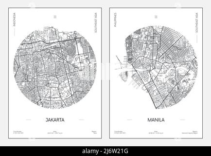 Reiseposter, Stadtplan Stadtplan Jakarta und Manila, Vektorgrafik Stock Vektor