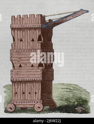 Belagerungsturm oder durchbrechender Turm. Belagerungs-Motor. Gravur. Spätere Färbung. Historia General de España von Pater Mariana. Madrid, 1852. Stockfoto