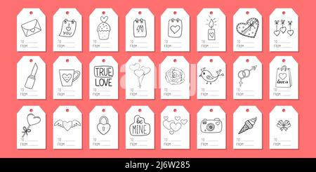 Ein Set von Anhängern für Geschenkverpackungen mit Elementen zum Thema Valentinstag. Illustrationen im Doodle-Stil sind handgezeichnet. Schwarz-Weiß-Vektor-Illus Stock Vektor