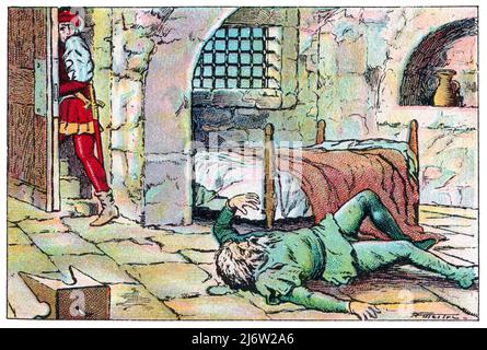 Historia de Catalunya. Muerte de Jaime II de Urgell (1380-1433), conde de Urgell, encerrado en la Prisión de Játiva tras su fracasada rebelión contra el rey Fernando I de Aragón (1380-1416), Ferran de Antequera. Cromo de Xacolata Juncosa. Año 1932. Autor: Albert Mestre Moragas. Stockfoto