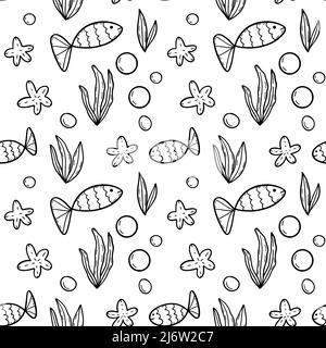 Marine kleine Fische blak Tinte Umriss in Doodle Stil nahtlose Muster. Stock Vektor