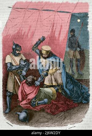 Peter I. von Kastilien (1334-1369) nannte die grausamen oder die Gerechten. König von Kastilien von 1350 bis 1369. Beltrán Duguesclín und der Stiefbruder des Königs, Enrique de Trastámara, erstechen König Pedro I. Grabung durch Capuz. Spätere Färbung. Historia General de España von Pater Mariana. Madrid, 1852. Autor: Tomas Carlos Capuz (1834-1899). Spanischer Graveur und Xylograph. Stockfoto