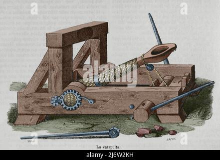 Antike Geschichte. Das Katapult. Belagerungsmaschine verwendet, um Objekte aus der Ferne als Geschosse zu werfen. Gravur von Capuz. Spätere Färbung. Historia General de España von Pater Mariana. Madrid, 1852. Autor: Tomas Carlos Capuz (1834-1899). Spanischer Graveur und Xylograph. Stockfoto