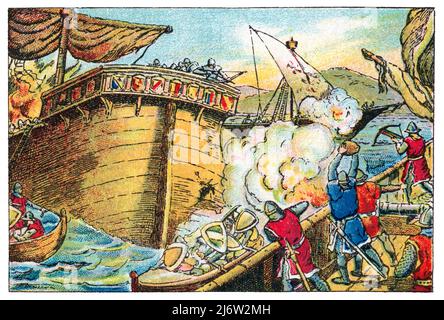 Historia de Catalunya. Derrota del rey de Castilla. Combat Naval en aguas de Barcelona en 1355 entre el rey Pedro i de Castilla (1334-1369) y Pedro IV el Ceremonioso (1319-1387), rey de Aragón. Cromo de Xacolata Juncosa. Año 1932. Autor: Albert Mestre Moragas. Stockfoto