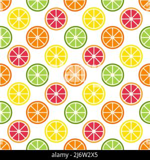 Nahtloses Muster mit Zitrusfrüchten. Sommerliches geometrisches Muster mit Fruchtscheiben. Flache Elemente sind isoliert. Transparenter Hintergrund. Für das Design von Stock Vektor