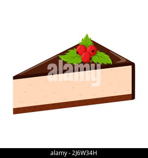 Schokoladenkäsekuchen mit Beeren und Minzblättern. Fett, kalorienreiche, ungesunde Lebensmittel. Nachtisch, lecker, lecker. Illustration in Cartoon-flachen Stil. I Stock Vektor