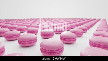 Viele pastellrosa Macarons, die in Linien auf weißem Hintergrund verteilt sind. Pastellfarben. Elegantes Essenskonzept. 3D Darstellung rendern Stockfoto