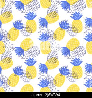 Nahtloses Muster mit Ananas. Schlichtes blau-gelbes Sommermuster mit tropischen Früchten. Flache Elemente. Transparenter Hintergrund. Für die Gestaltung von Gerinnsel Stock Vektor