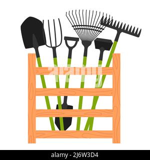 Eine Sammlung von Gartengeräten in einer Holzkiste. Rechen, Schaufel, Pitchfork, Hacke. Eine Reihe von Geräten für die Gartenarbeit, Frühling. Design-Elemente in einem Cartoon Fla Stock Vektor