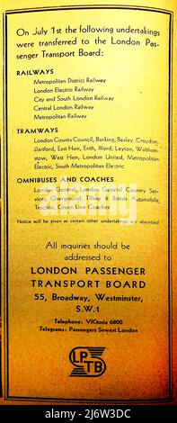 Eine öffentliche Bekanntmachung über die Gründung des Londoner Passenger Transport Board am 1. 1922. Juli. Von 1933 bis 1948 war sie für den öffentlichen Nahverkehr in London und Umgebung verantwortlich. Es war allgemein als London Transport bekannt und verwendete ein Logo mit den Buchstaben LPTB. Stockfoto