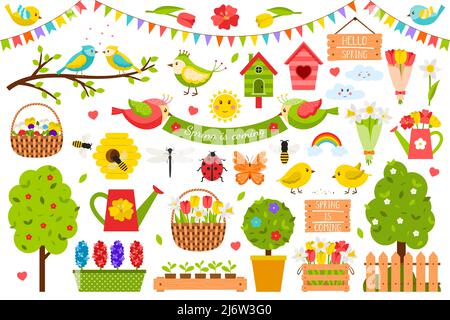 Eine Kollektion von Designelementen für den Frühling. Niedliche, helle Vögel, Pflanzen, Blumen in einem flachen Cartoon-Stil. Farbevektordarstellung isoliert auf einem weißen Bac Stock Vektor