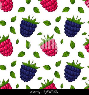 Nahtloses Muster mit Himbeeren und Brombeeren und Blättern. Helles, saftiges, sommerliches, fruchtiges Muster. Farbelemente im linearen Stil werden isoliert Stock Vektor