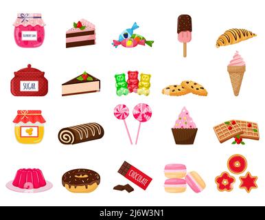 Eine Reihe von Süßigkeiten. Süßes Gebäck, Kuchen, Süßigkeiten, Desserts. Eine Sammlung von köstlichen, kalorienreichen Lebensmitteln. Illustration in einem Cartoon flachen Stil. Isoliert Stock Vektor
