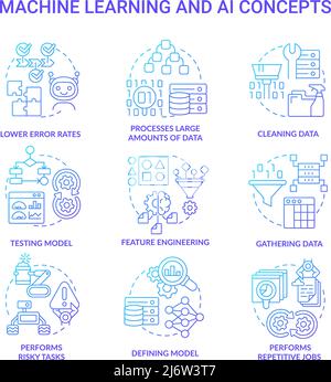 Symbole für Machine Learning und AI Blue Gradient Concept gesetzt Stock Vektor