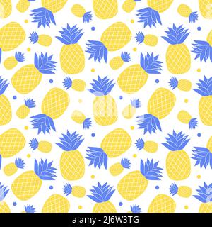 Nahtloses Muster mit Ananas. Schlichtes blau-gelbes Sommermuster mit tropischen Früchten. Flache Elemente sind isoliert. Transparenter Hintergrund. Für den d Stock Vektor