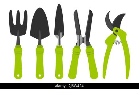 Sammlung von Gartengeräten. Hacke, Grubber, Schaufel, Beschneiter, Grubber, Schneideschere. Eine Reihe von Gartengeräten. Designelemente in einer flachen Trickst Stock Vektor