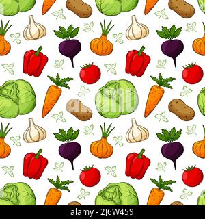 Nahtloses Muster mit verschiedenen Gemüsesorten. Farbige, von Hand gezeichnete lineare Elemente mit Umriss werden auf einem transparenten Hintergrund isoliert. Für das Design Stock Vektor