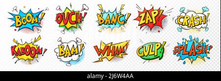 Vektor-Set von Comic-Soundeffekte, Pop-Art-Nachricht Rede Blasen verschiedenen Formen und Emotionen mit Wort. Comics Spaß Buch Ballon. Cartoon Explosion Wolke Dialog auf weißem Hintergrund. Stock Vektor