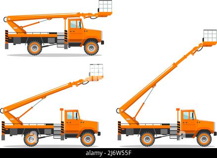 Detaillierte Abbildung des Hubwagens mit unterschiedlicher Auslegerposition. Schwere Baumaschine. Schwere Maschinen und Anlagen. Stock Vektor