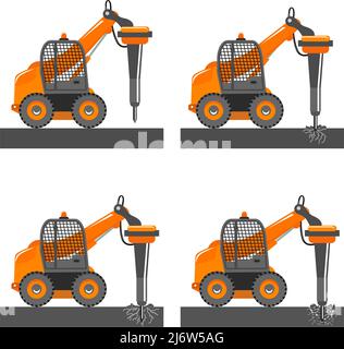 Detaillierte Abbildung des Fahrzeugs mit Hydraulikhammer. Minibagger mit unterschiedlicher Auslegerposition. Hydraulischer Brecher. Schwere Baumaschine. Schwer Stock Vektor