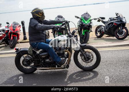 Triumph Bonneville Bobber Cruiser Motorrad bei der Southend Shakedown 2022 Motorrad Veranstaltung am Osterbankfeiertag Montag in Southend on Sea, Großbritannien. Stockfoto