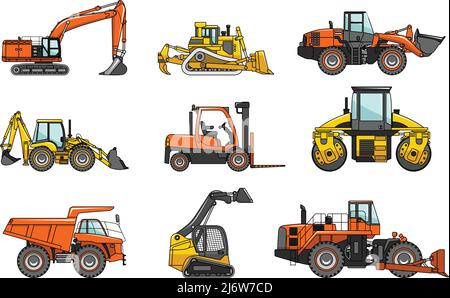 Detaillierte Darstellung von schweren Geräten und Maschinen in flacher Ausführung Stock Vektor