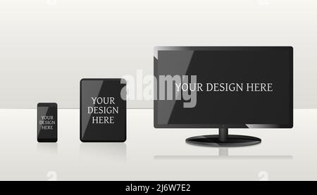 Nachbau von Computer, Laptop und Smartphone mit schwarzen Bildschirmen. Stock Vektor
