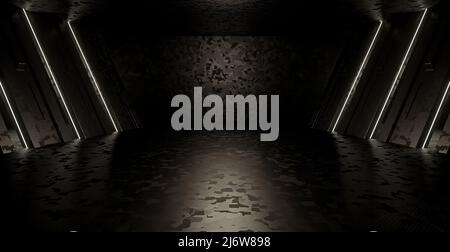 Sci FI Future Modern Dark Concrete Zement Asphalt Futuristisches Raumschiff elegante Tiefgarage Tunnel Korridor Leerraum White Glow Columns 3D Stockfoto