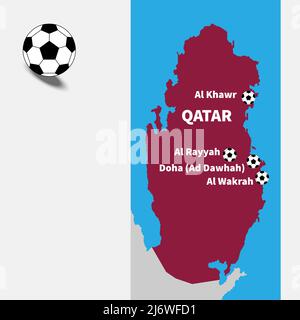 Design-Vorlage für die FIFA Fußball-Weltmeisterschaft 2022. Fußballwettbewerb Poster in Katar Flagge Farben. Klassischer Fußball in Größe 5 auf der linken Seite. Katar-Karte mit Fußballmatte Stock Vektor