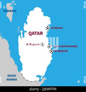 Nahost-Fußball 2022. FIFA Fußball-Weltmeisterschaft 22. in Katar. Letzter Teil mit Katar Karte Silhouette. Dieses Land wird zum ersten Mal Gastgeber der Weltmeisterschaft in i sein Stock Vektor