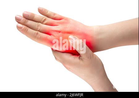Nahaufnahme Frau hält ihr Handgelenk symptomatisches Office-Syndrom. Nahaufnahme der männlichen Arme, die sein schmerzhaftes Handgelenk halten. Karpaltunnelsyndrom, Arthritis, Neuro Stockfoto