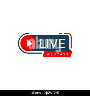 Live-Webcast oder Webinar-Vektorsymbol für Online-Schulungen, virtuelle Schulungen und Webkonferenzen. Broadcast- oder Podcast-Schild mit roter Wiedergabetaste und Band-Banner, Streaming-Medien-Technologien Stock Vektor